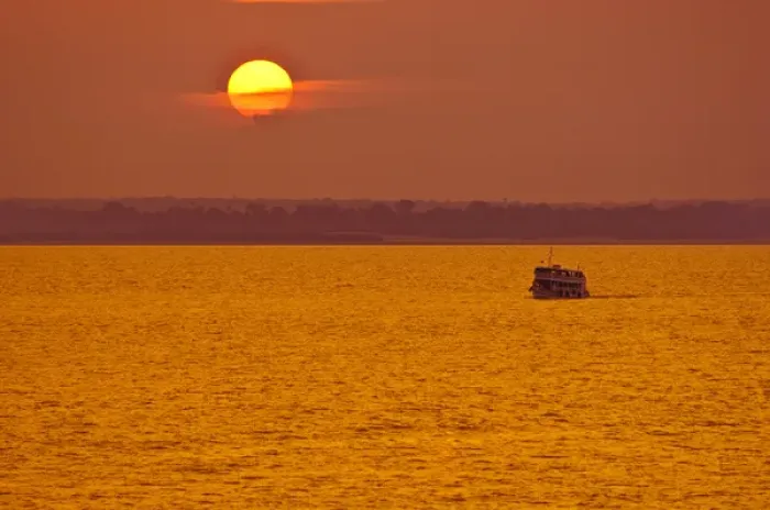 Framed Print : Amazon River, Brazil. Local passenger ferry at sunset Framed Print : Amazon River, Brazil. Local passenger ferry at sunset