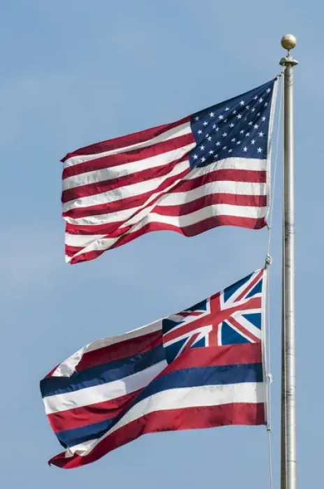 Framed Print : American and Hawaiian State flags, Oahu, Hawaii
