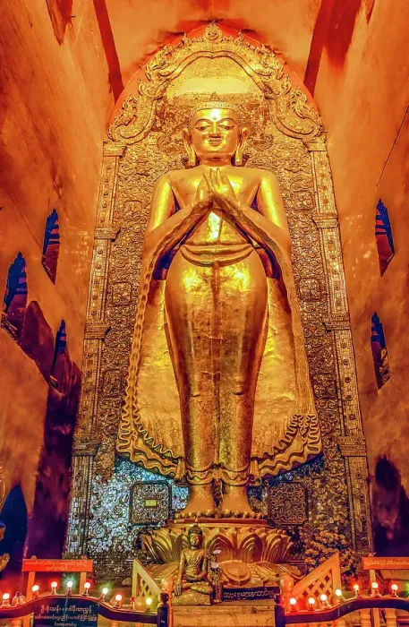 Framed Print : Ananda Temple, Bagan, Myanmar. Wide angle vertical portrait of large gold Ananda Buddha statue in the shrine built during 12th century Framed Print : Ananda Temple, Bagan, Myanmar. Wide angle vertical portrait of large gold Ananda Buddha statue in the shrine built during 12th century