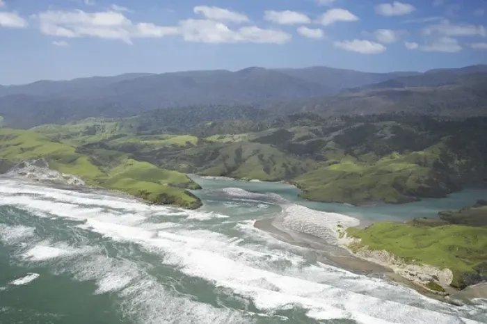 Framed Print : Anaweka River Mouth, NW Nelson Region, South Island, New Zealand - aerial