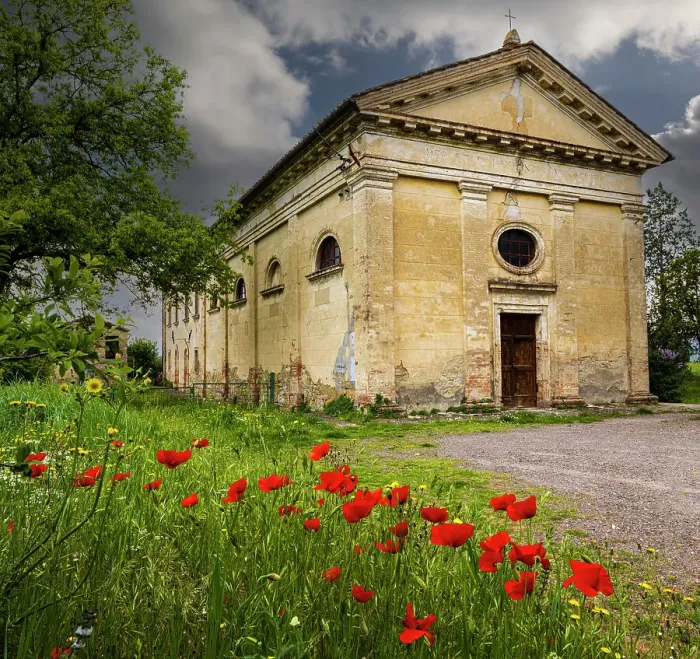 Framed Print : Ancient church ruin surrounded by bright reed poppies. Montalcino. Tuscany, Italy Framed Print : Ancient church ruin surrounded by bright reed poppies. Montalcino. Tuscany, Italy