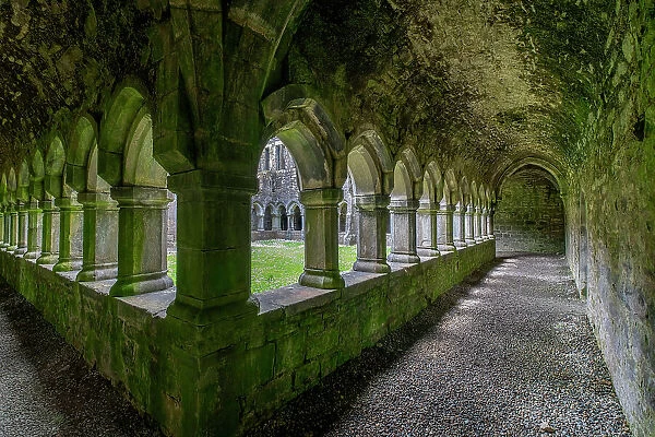 Ancient cloisters at Moyne Abbey, County Mayo, Ireland