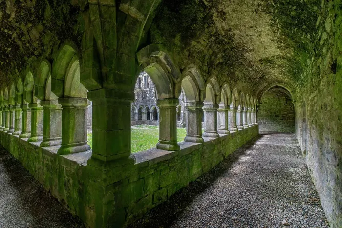 Framed Print : Ancient cloisters at Moyne Abbey, County Mayo, Ireland