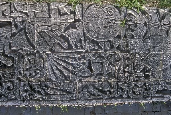 Ancient Mayan stone artwork on a wall in Chichen Itza. Central America, Mexico, Yucatan Penisula