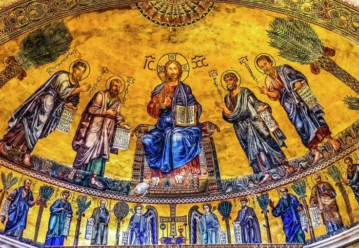 Framed Print : Ancient mosaic, Papal Basilica of Saint Paul, Rome, Italy. One of 4 Papal basilicas, established over Saint Paul's burial place in 324 by Emperor Constantine. (Editorial Use Only)