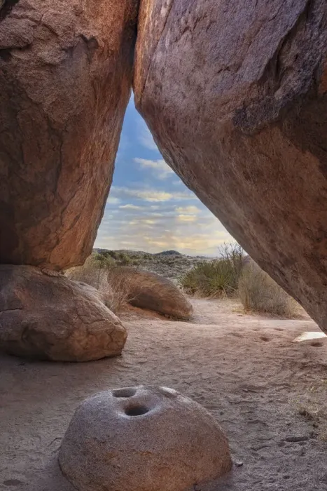 Framed Print : Ancient Native American mortar grinding stone in rock shelter at Council Rocks in