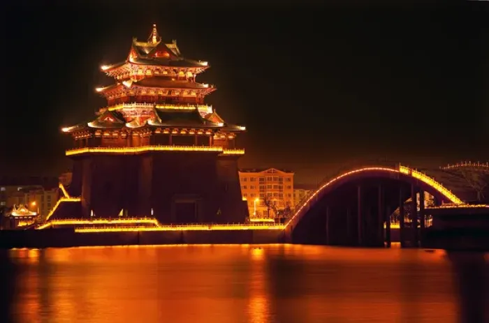 Framed Print : Ancient Temple Night Reflection Bridge Jinming Lake Kaifeng China Kaifeng was Framed Print : Ancient Temple Night Reflection Bridge Jinming Lake Kaifeng China Kaifeng was