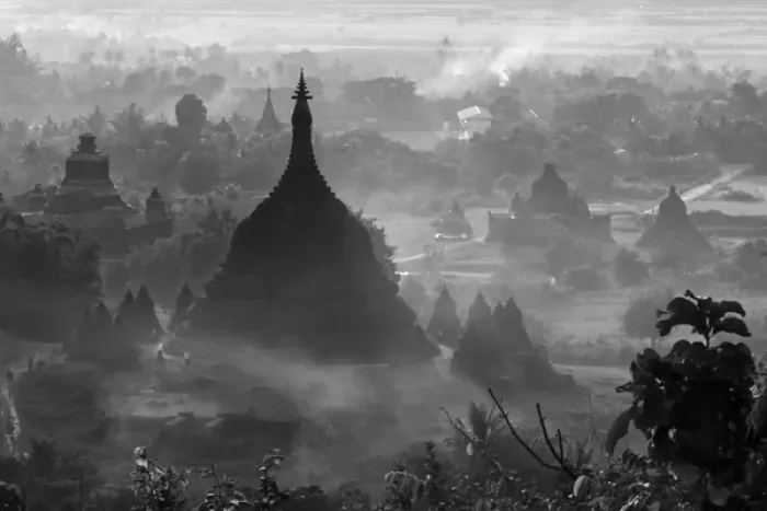 Framed Print : Ancient temples and pagodas in the jungle rising above sunset mist, Mrauk-U, Rakhine State Framed Print : Ancient temples and pagodas in the jungle rising above sunset mist, Mrauk-U, Rakhine State