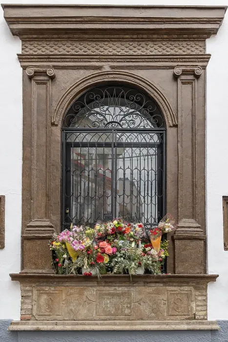 Framed Print : Andujar, Jaen Province, Andalusia, Spain. Cut flowers decorating a barred window on an old Spanish building Framed Print : Andujar, Jaen Province, Andalusia, Spain. Cut flowers decorating a barred window on an old Spanish building