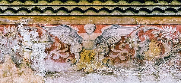 Angel fresco, Nimes Cathedral, Gard, France. Catholic church created 1100 AD, site of Emperor Augustus Temple