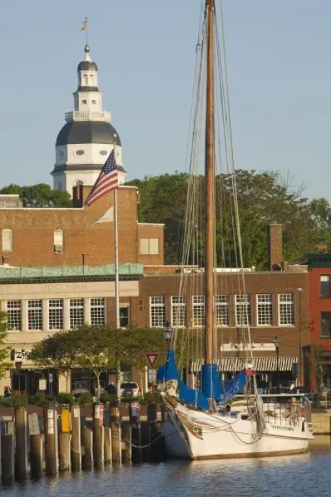 Framed Print : Annapolis city docks, viewed from mouth of Severn River, historic State Capitol Building Framed Print : Annapolis city docks, viewed from mouth of Severn River, historic State Capitol Building