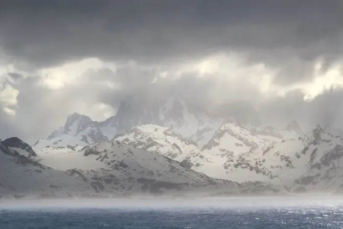 Framed Print : Antarctica, South Georgia Island, Coopers Bay. Storm clouds over mountains Framed Print : Antarctica, South Georgia Island, Coopers Bay. Storm clouds over mountains