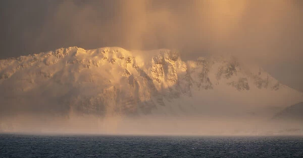Antarctica, South Georgia Island, Bay of Isles. Sunrise panoramic of fog on mountain