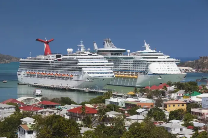 Framed Print : Antigua and Barbuda, Antigua, St. Johns, elevated city view with cruiseships at Heritage Framed Print : Antigua and Barbuda, Antigua, St. Johns, elevated city view with cruiseships at Heritage