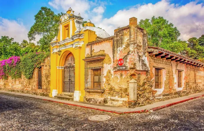 Framed Print : Antigua, Guatemala. Wide angle landscape view of 17th century Chapel Way of the Cross station in Street of the Steps Framed Print : Antigua, Guatemala. Wide angle landscape view of 17th century Chapel Way of the Cross station in Street of the Steps