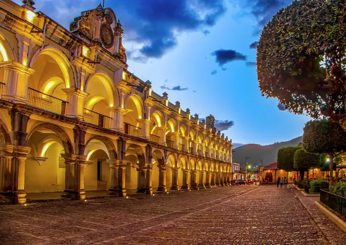 Framed Print : Antigua, Guatemala. Wide angle landscape view of the Captain General Palace on the Central Plaza at sunset Framed Print : Antigua, Guatemala. Wide angle landscape view of the Captain General Palace on the Central Plaza at sunset