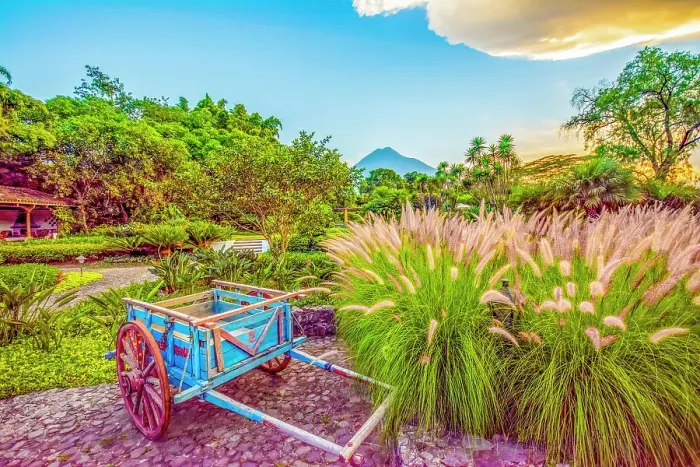 Framed Print : Antigua, Guatemala. Wide angle view at sunset of Volcan Fuego above a garden Framed Print : Antigua, Guatemala. Wide angle view at sunset of Volcan Fuego above a garden