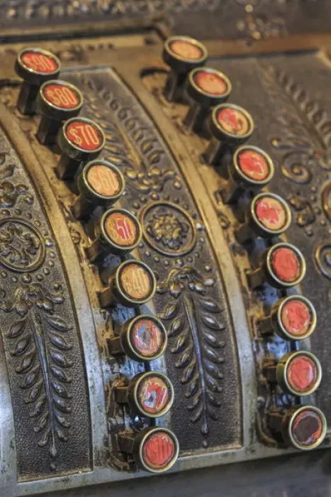 Framed Print : Antique keys on cash register, Harrison Brothers Hardware Store Museum, the oldest