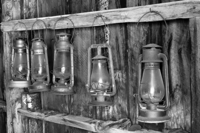 Framed Print : Antique lanterns, Bodie State Historic Park viewed through window, California