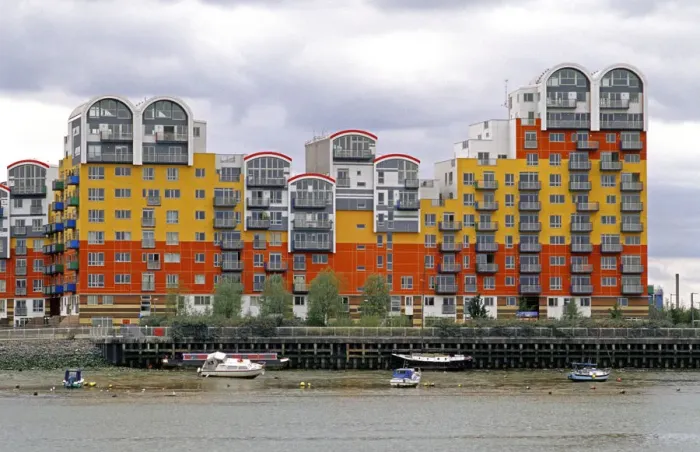 Framed Print : Apartment housing along the Thames River in London, England