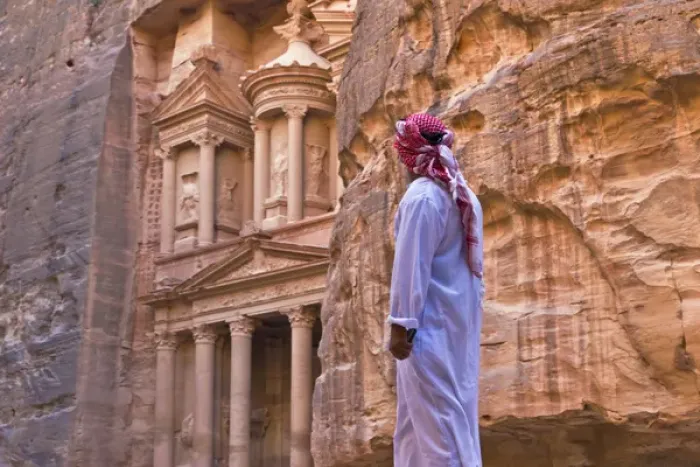 Framed Print : Arab man watching Facade of Treasury (Al Khazneh), Petra, Jordan (UNESCO World Heritage Framed Print : Arab man watching Facade of Treasury (Al Khazneh), Petra, Jordan (UNESCO World Heritage