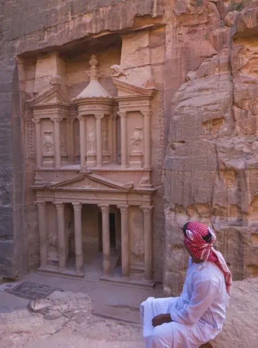 Framed Print : Arab man watching Facade of Treasury (Al Khazneh), Petra, Jordan (UNESCO World Heritage Framed Print : Arab man watching Facade of Treasury (Al Khazneh), Petra, Jordan (UNESCO World Heritage