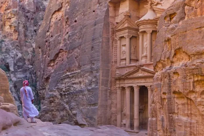 Framed Print : Arab man watching Facade of Treasury (Al Khazneh), Petra, Jordan (UNESCO World Heritage Framed Print : Arab man watching Facade of Treasury (Al Khazneh), Petra, Jordan (UNESCO World Heritage