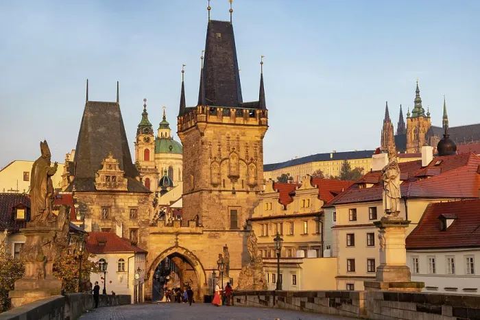 Framed Print : Arch of Lesser Town Bridge Tower on Charles Bridge with St. Nicholas Church in Prague, Czech Republic