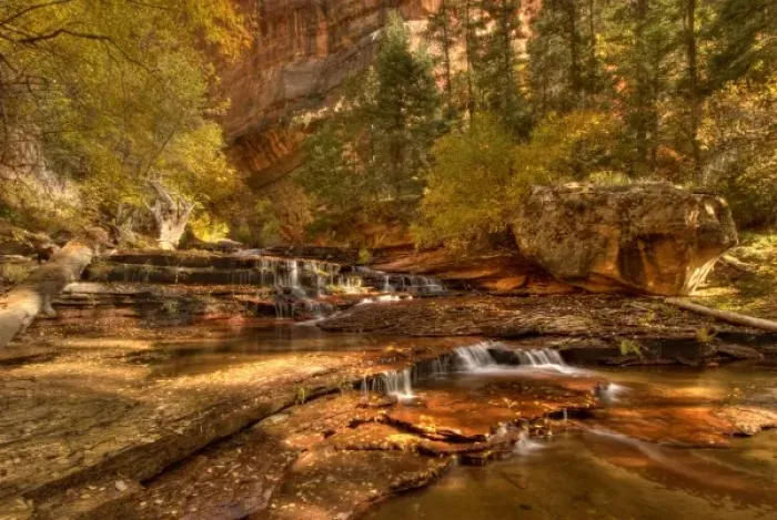 Framed Print : Archangel Falls, Fall Foliage, Left Fork of North Creek, Zion National Park near Springdale and St