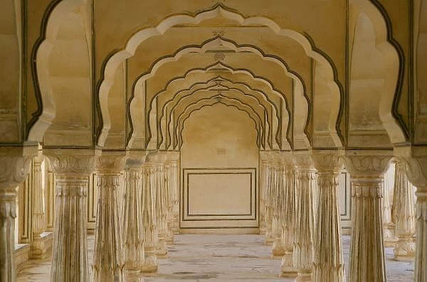 Arched walkway with columns inside Amber Palace, Jaipur, Rajasthan, India