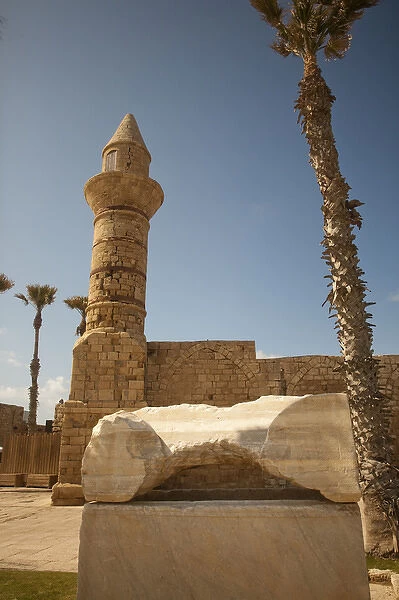 Archeological finds and a restored tower grace the waterfront of ancient Caesarea, Israel