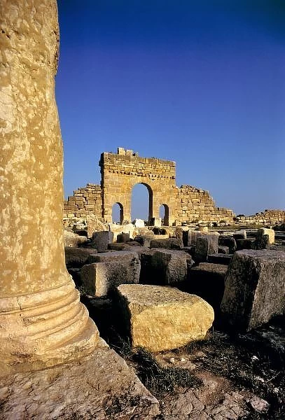 Three arches are examples of the well-preserved Roman ruins of Sufetula at Sbeitla, Tunisia