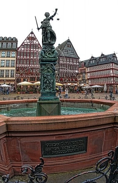 Architecture and statue of in Romerberg square, Old Town, Frankfurt, Germany