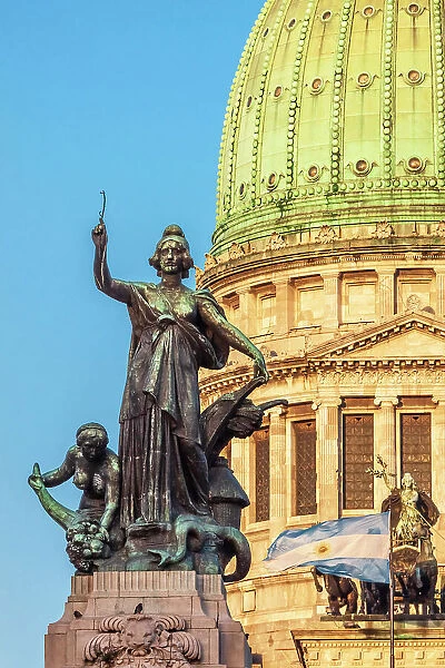 Argentina, Buenos Aires. Statue in front of Capitol building