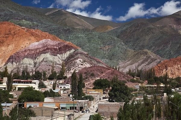 Argentina, Jujuy Province, Purmamarca. Town view and the Hill of Seven Colors