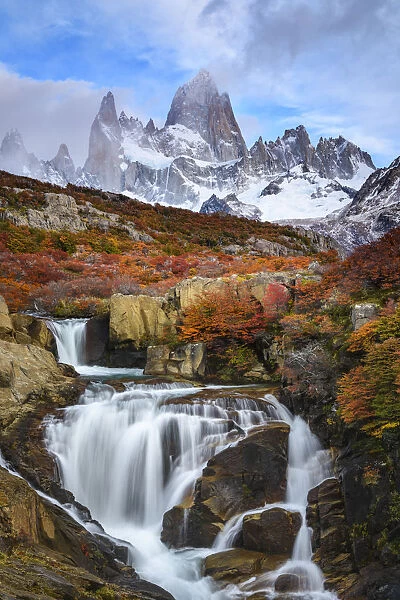 Argentina, Los Glaciares National Park. Mt. Fitz Roy and waterfall in fall