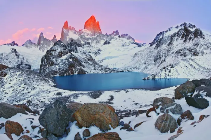 Framed Print : Argentina, Patagonia, Los Glaciares National Park. Sunrise on Mount Fitz Roy and Laguna de los Tres