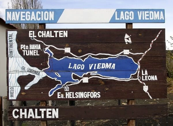 Argentina, Santa Cruz Province, Glaciers National Park. A road stop map at La Leona restaurant
