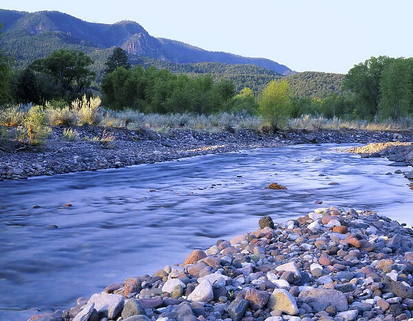 Arizona. USA. Rounded stones along Blue River at sunrise in the Blue Range on edge