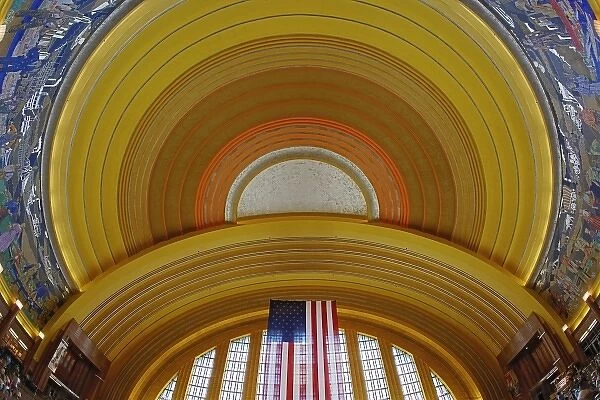 Art deco architectural details and American flag in rotunda of Cincinnati Museum