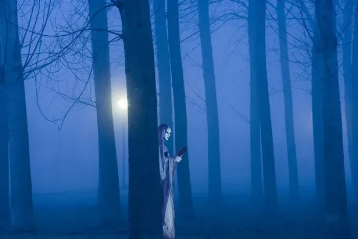 Framed Print : Artistic creation of ghostly figure in woods