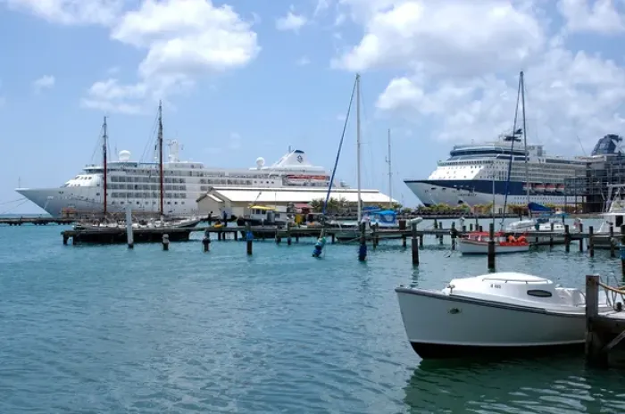 Framed Print : 01. Aruba, cruiseships docked at Oranjestad harbor (Editorial Usage Only)