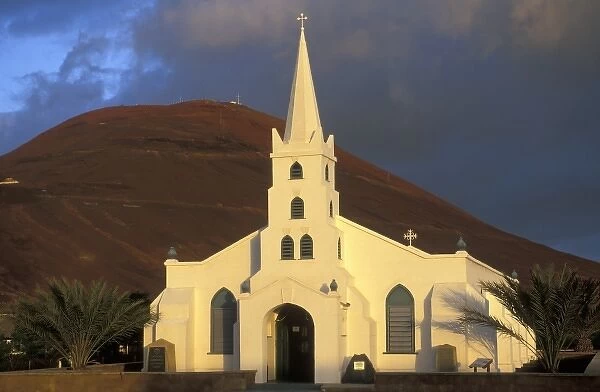 Ascension Island, Georgetown, St. Marys Church, built in 1847, sunset with Cross Hill behind