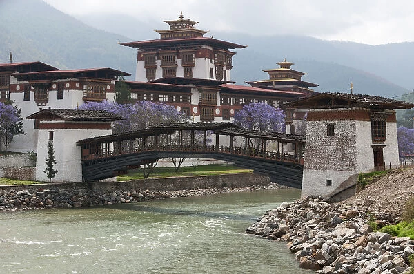 Asia, Bhutan. Cantilevered foot bridge near the entrance to the Punakha Dzong palace