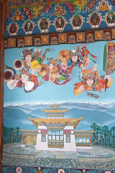 Asia, Bhutan, Dochu La. Mural inside Zangto Pelri Lhakhang temple