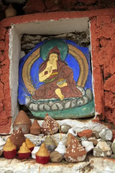 Framed Print : Asia, Bhutan, Paro. Miniature clay stupas rest on ledge of Taktsang trailside altar Framed Print : Asia, Bhutan, Paro. Miniature clay stupas rest on ledge of Taktsang trailside altar
