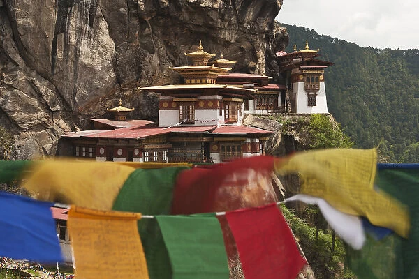 Asia, Bhutan. Prayer flags flap near Taktshang or Tigers Nest, the most famous monastery in Bhutan