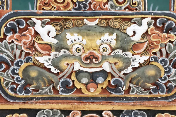 Asia, Bhutan, Punakha. Painted woodwork detail inside Punakha Dzong temple. Credit as