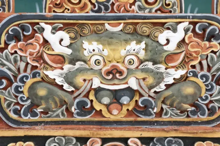 Framed Print : Asia, Bhutan, Punakha. Painted woodwork detail inside Punakha Dzong temple. Credit as
