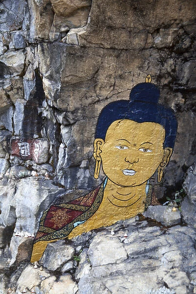 Asia, Bhutan, Trongsa. Rock Painting Scene from Travelers and Magicians movie